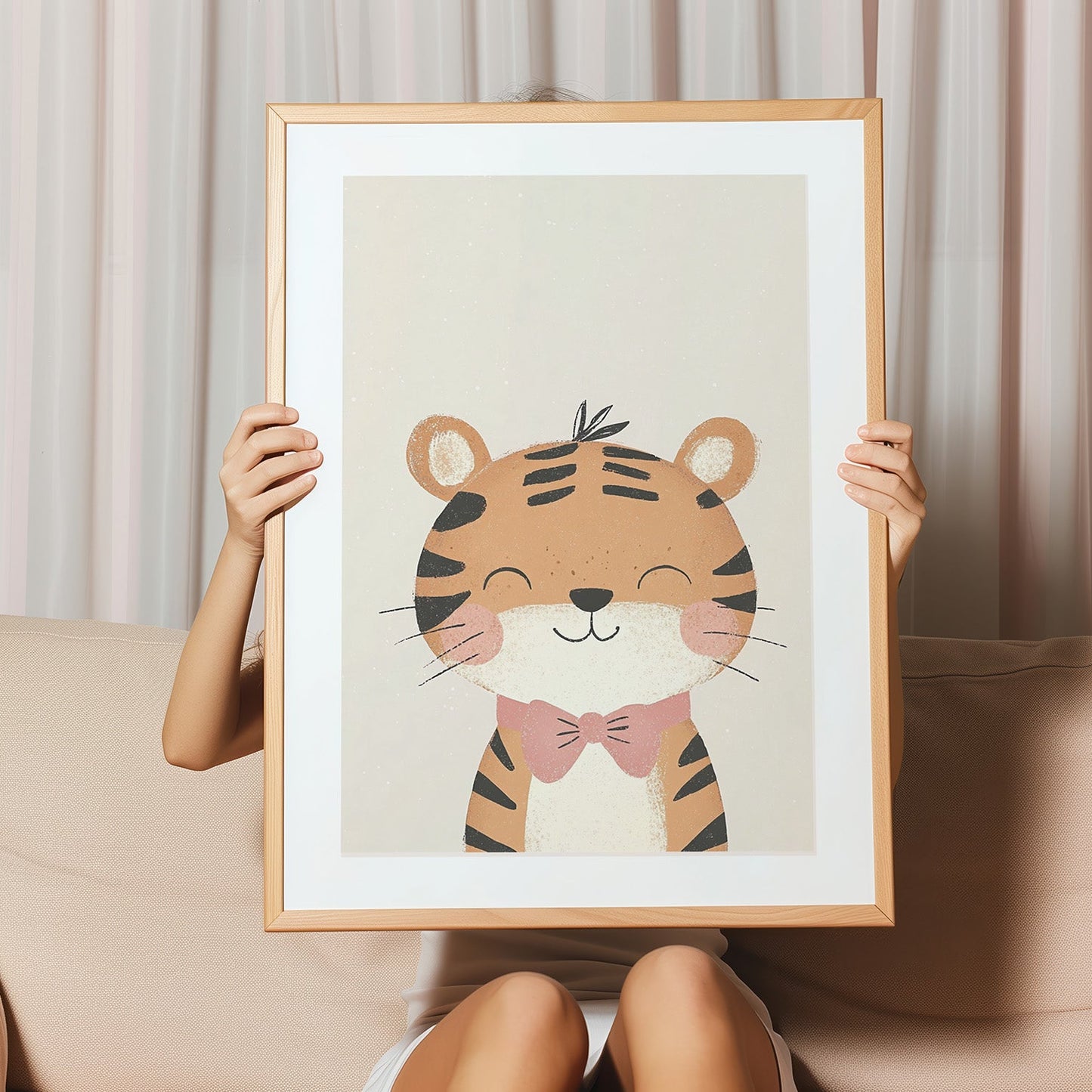 Wandbild mit gezeichneten Tierg mit einer roten Fliege um den Hals auf beigen Hintergrund.