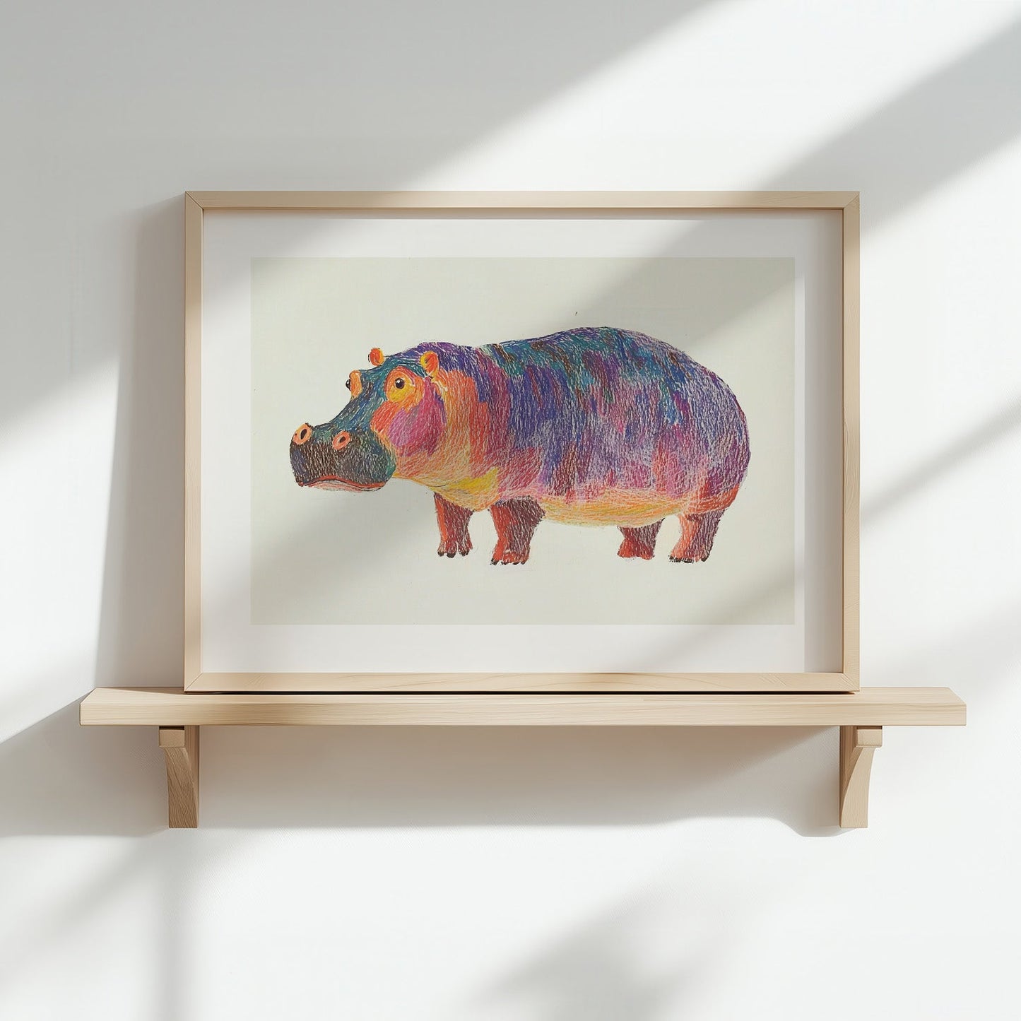 Kinderzimmerbild Nilpferd bunt gemalt mit Hintergrund - Poster für das Kinderzimmer babyzimmer A4 & A3