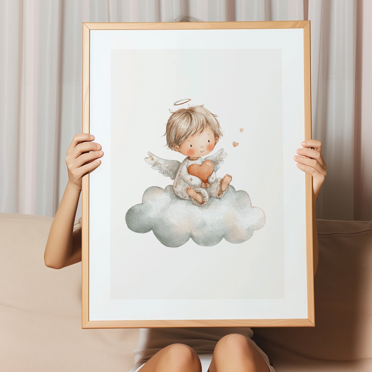 Kinderzimmerbild mit einem gemaltem Engel auf einer Wolke Poster für das Kinderzimmer Babyzimmer
