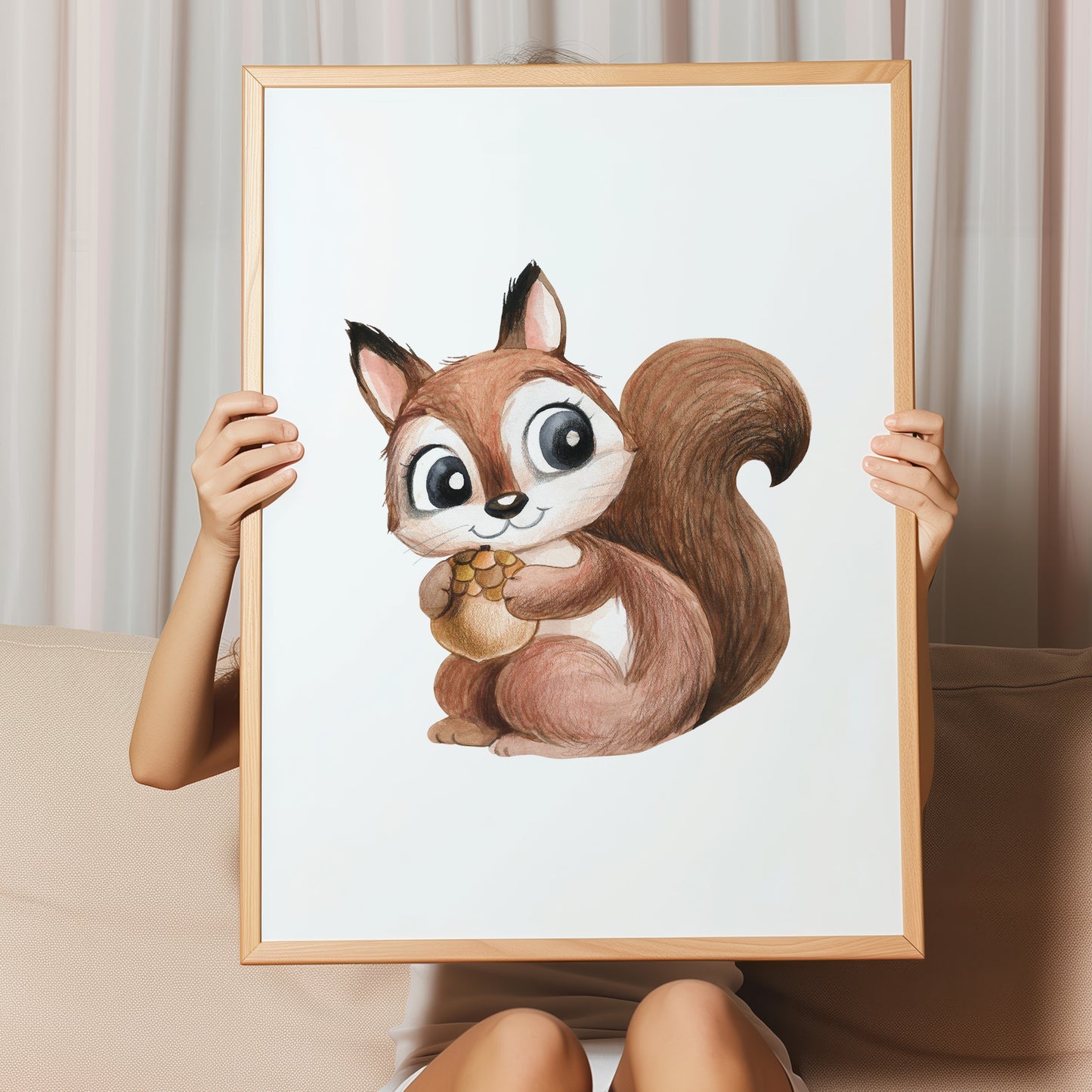 Kinderzimmerbild mit einer gemaltem Eichhörnchen. Poster für das Kinderzimmer Babyzimmer
