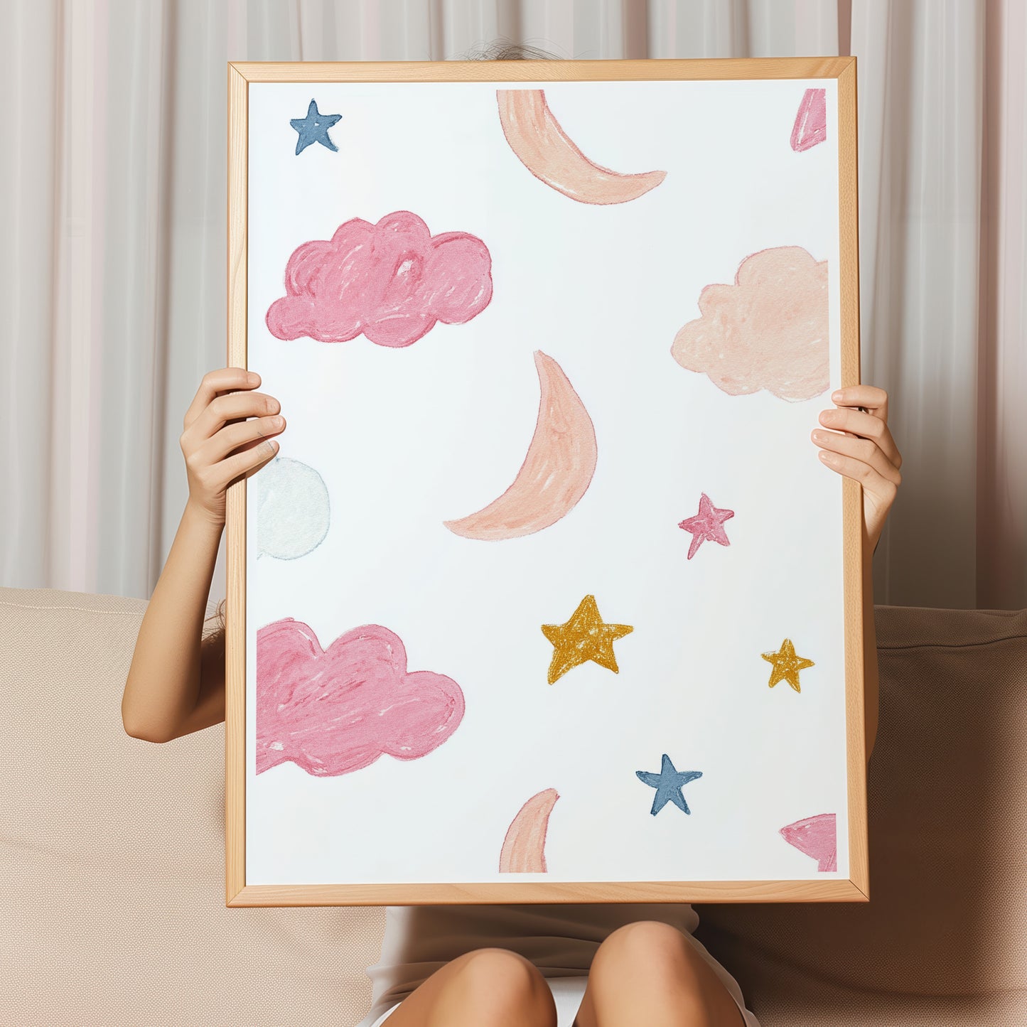 Kinderzimmerbild Himmel bunt mit Mond und Sternen bunt A4 A3 - Poster für das Kinderzimmer babyzimmer