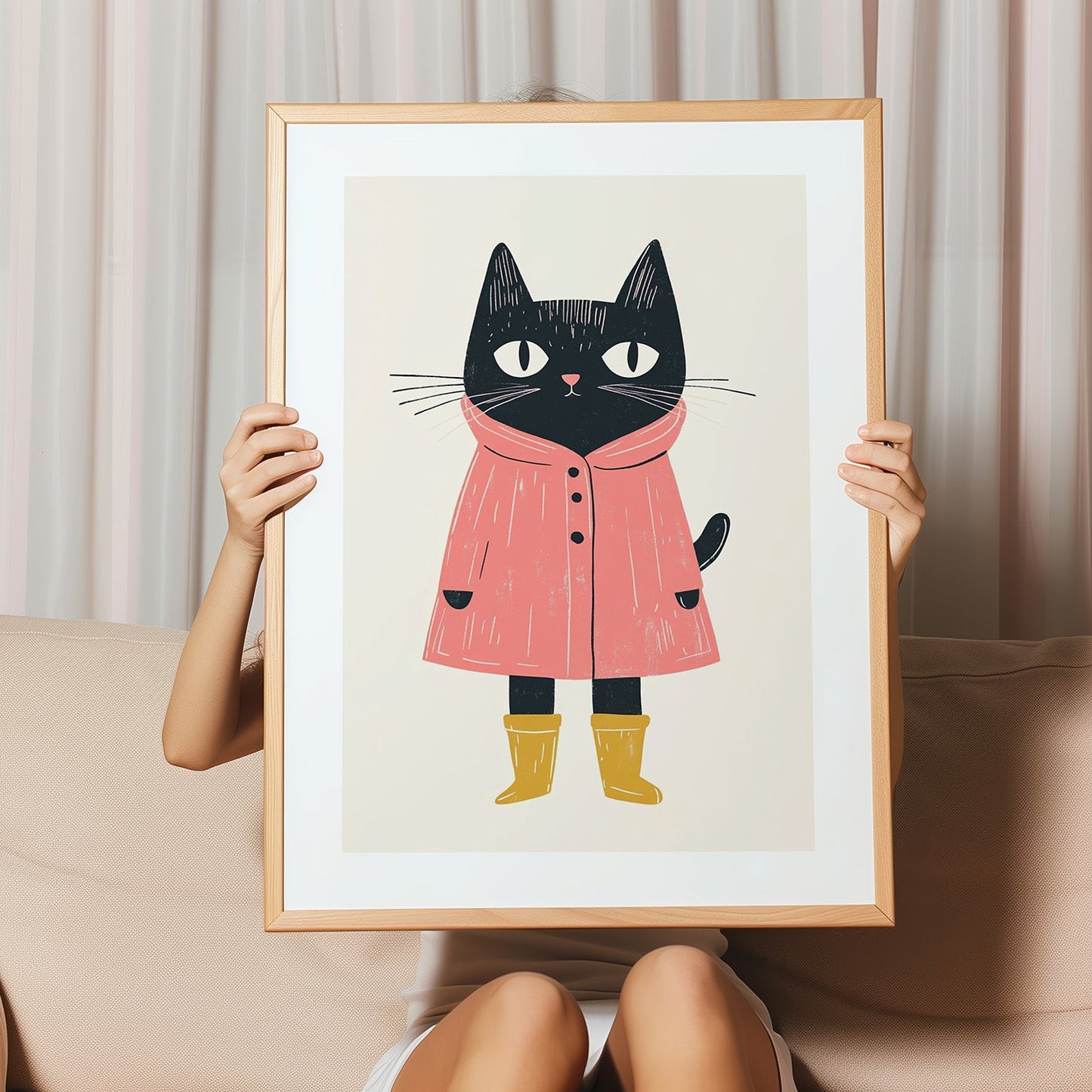 Kinderzimmerbild mit einer Katze die einen Regenmantel und Gummistiefel trägt. Poster für das Kinderzimmer