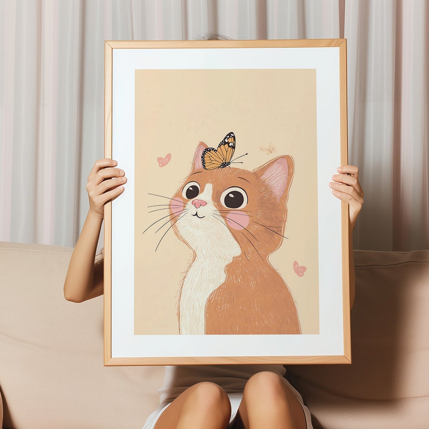 Kinderzimmerbild mit einer Katze und einem Schmeetling auf einen beigen Hintergrund - Poster für das Kinderzimmer