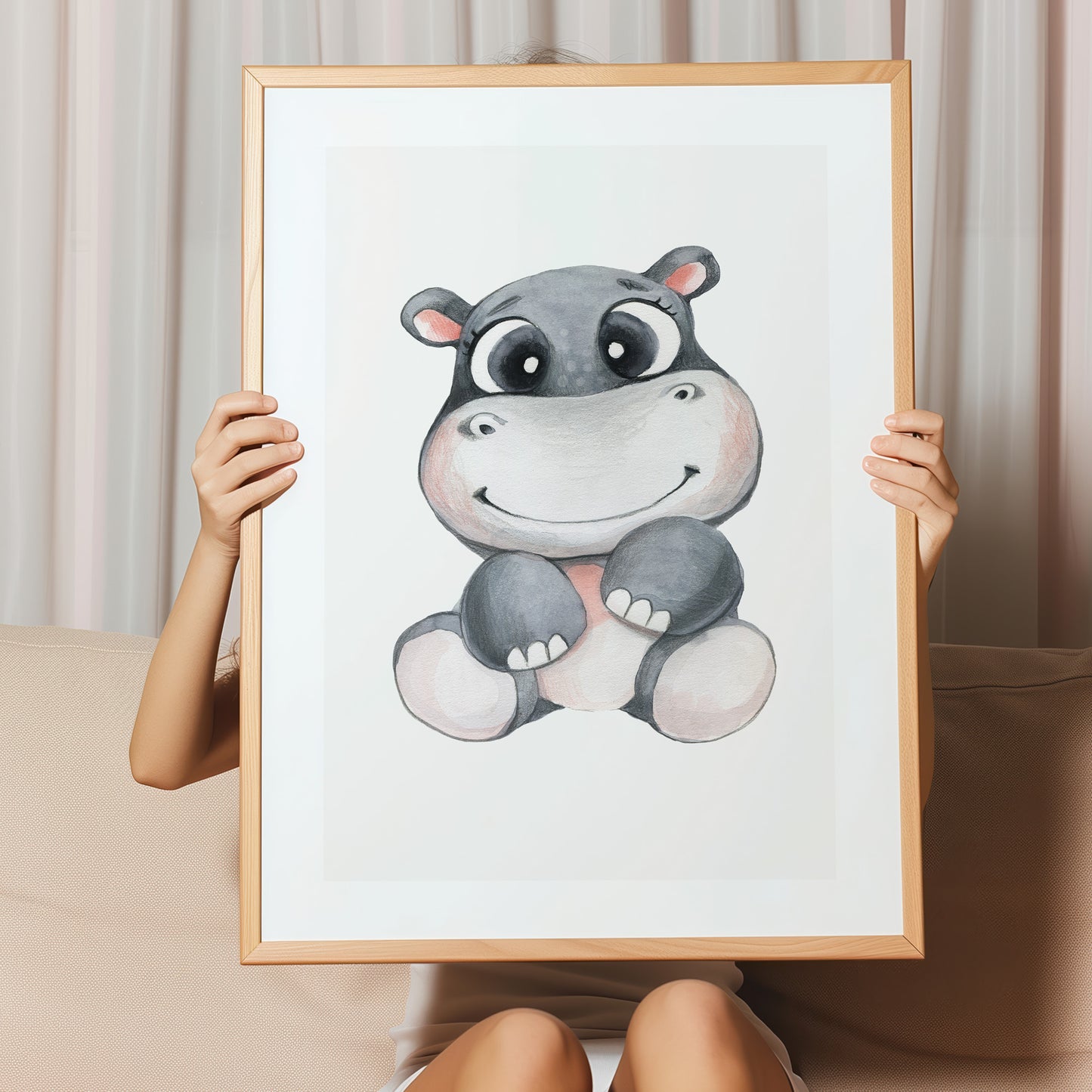 Kinderzimmerbild mit einem gemaltem Nilpferd. Poster für das Kinderzimmer Babyzimmer