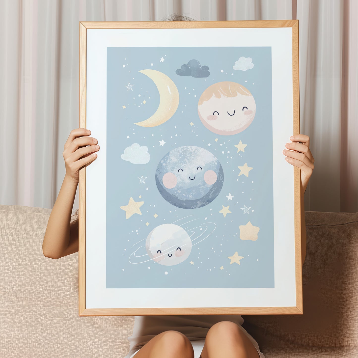Kinderzimmerbild Planeten blau Mond Planeten bunt A4 A3 - Poster für das Kinderzimmer babyzimmer