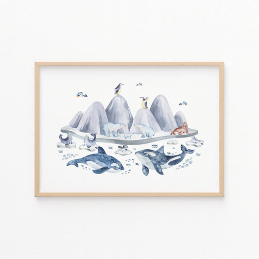 Kinderzimmerbild Antoarktis bunt gemalt mit Tieren - Poster für das Kinderzimmer babyzimmer A3 & A4