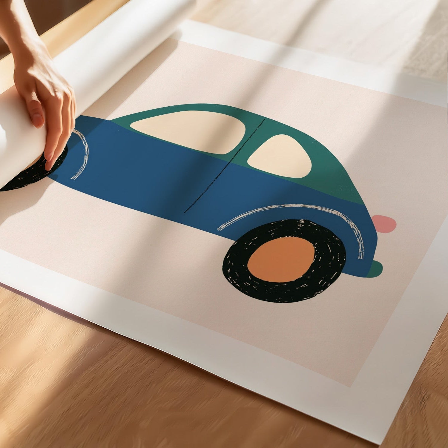 Kinderzimmerbild Auto bunt gemalt mit Hintergrund - Poster für das Kinderzimmer babyzimmer A4 & A3