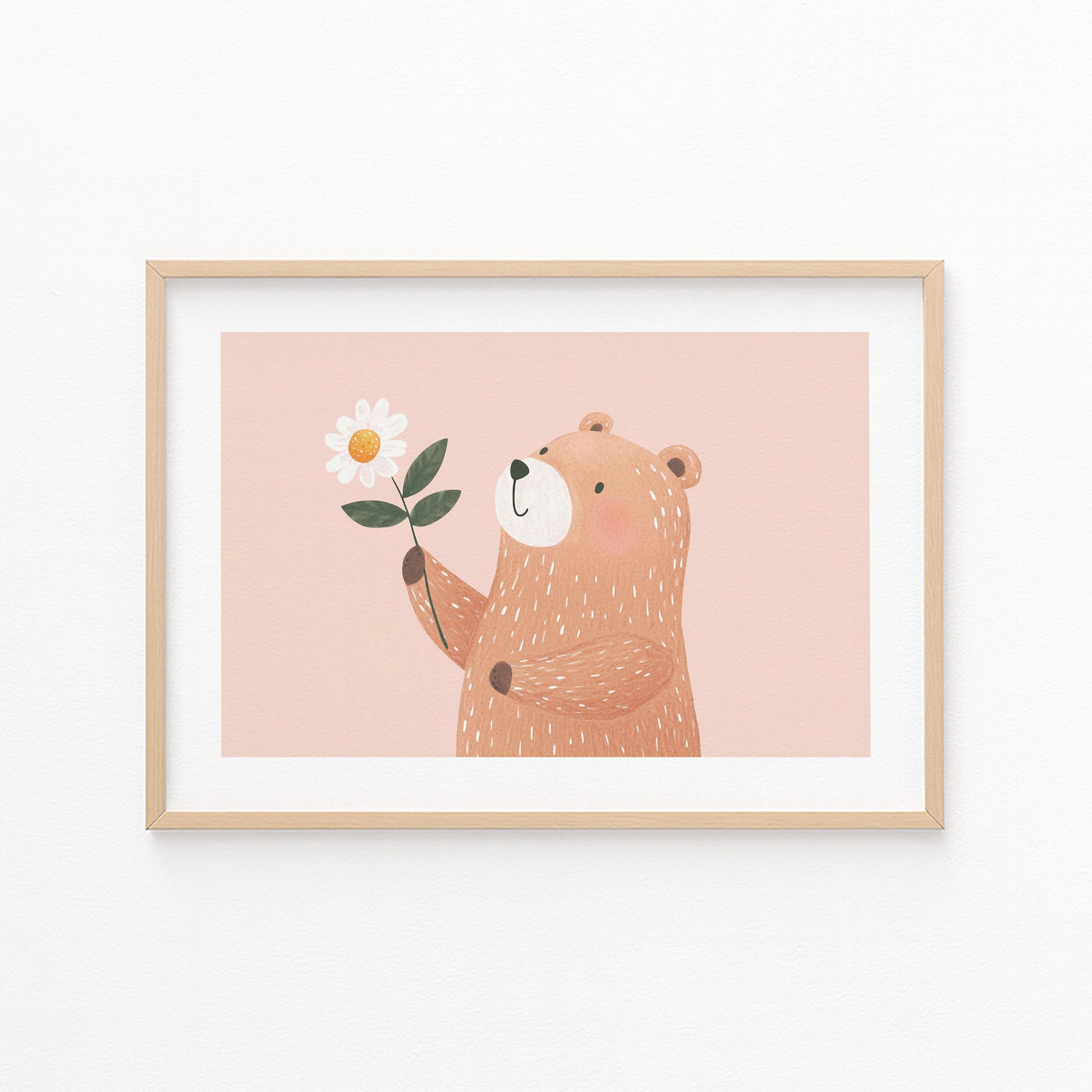 Kinderzimmerbild Bär mit Blume gemal mit rosa hintergrund - Poster für das Kinderzimmer babyzimmer A4 & A3