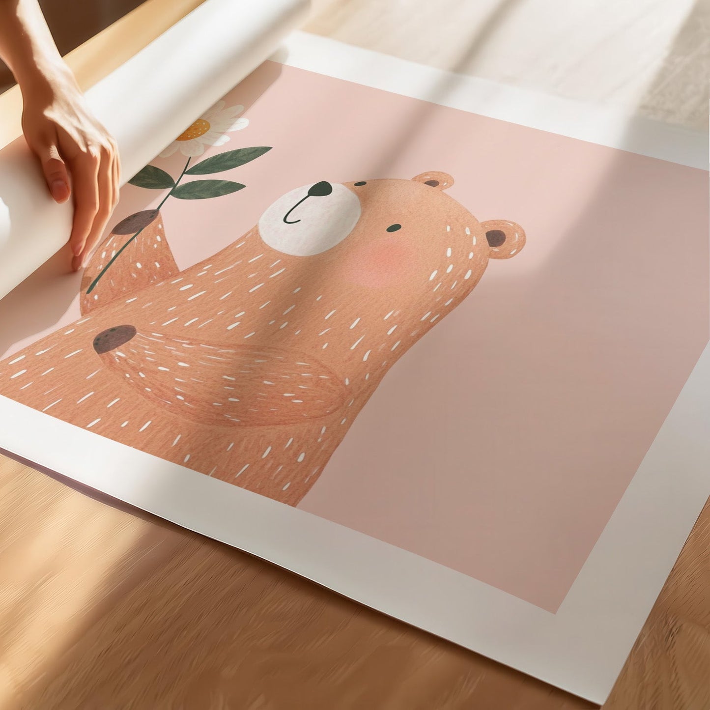 Kinderzimmerbild Bär mit Blume gemal mit rosa hintergrund - Poster für das Kinderzimmer babyzimmer A4 & A3