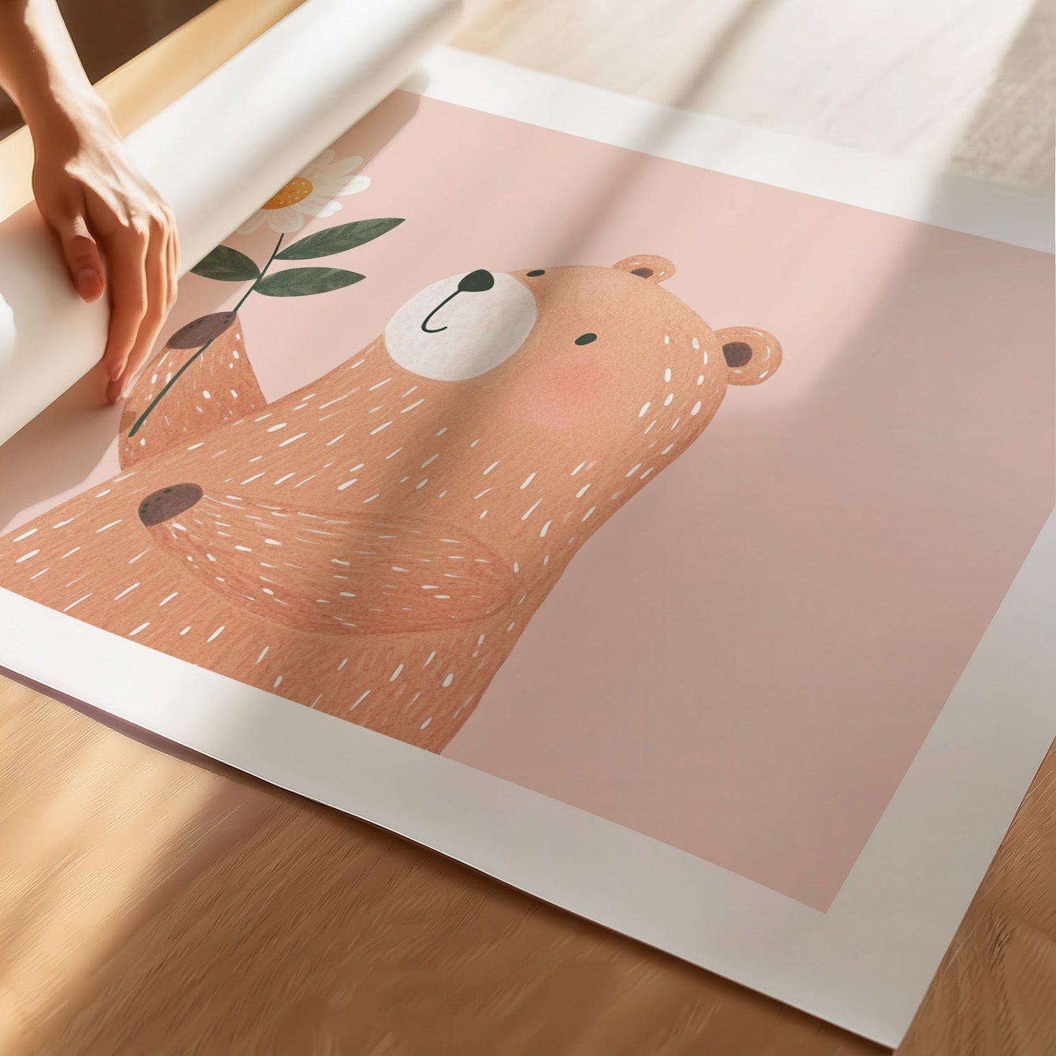 Kinderzimmerbild Bär mit Blume gemal mit rosa hintergrund - Poster für das Kinderzimmer babyzimmer A4 & A3