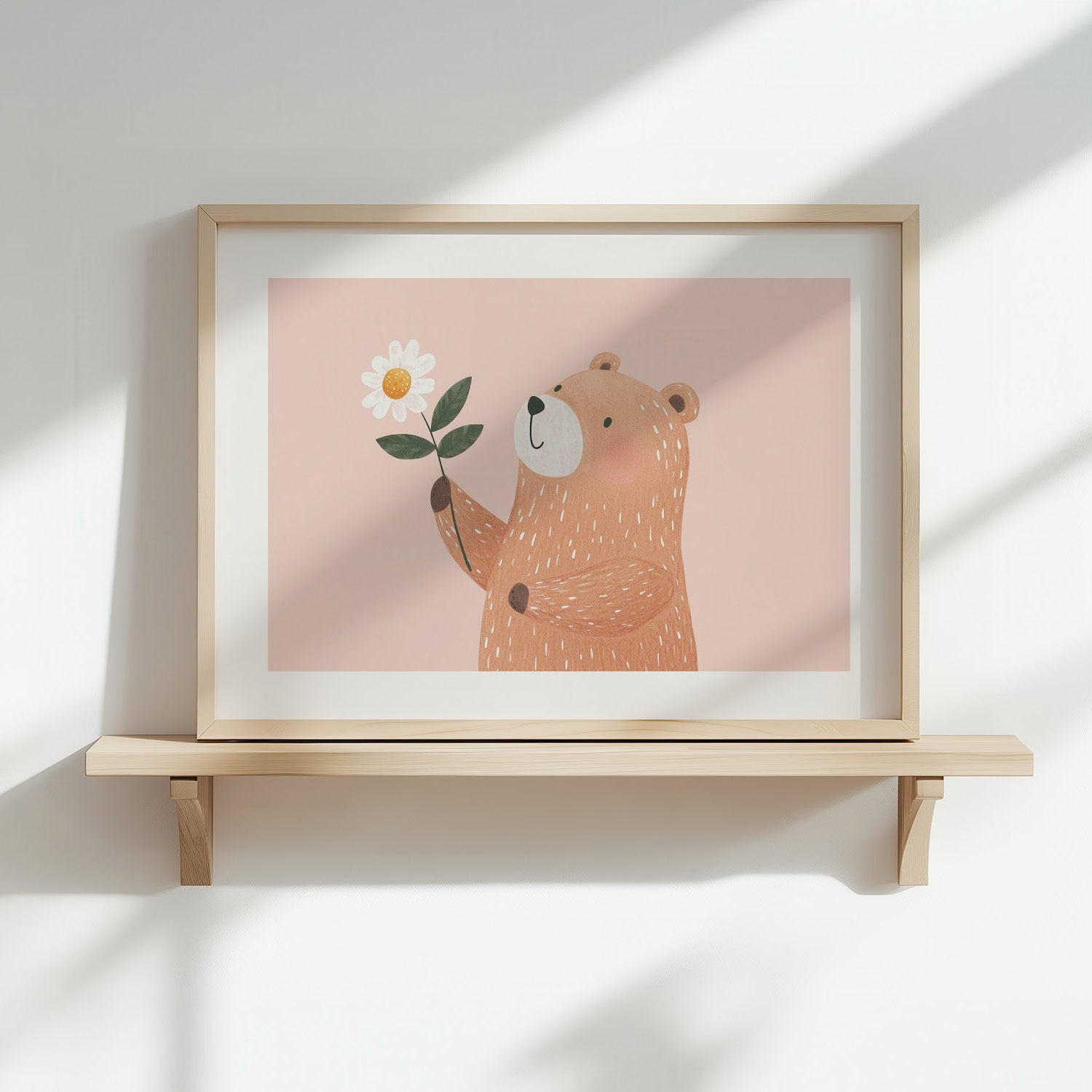 Kinderzimmerbild Bär mit Blume gemal mit rosa hintergrund - Poster für das Kinderzimmer babyzimmer A4 & A3