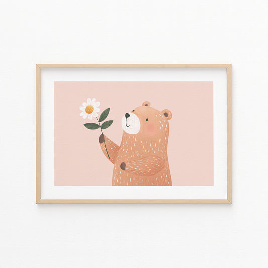 Kinderzimmerbild Bär mit Blume gemal mit rosa hintergrund - Poster für das Kinderzimmer babyzimmer A4 & A3