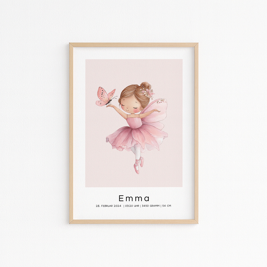 Kinderzimmerbild Ballerina personalisiert mit namen und Geburtsdaten - Poster für das Kinderzimmer und Babyzimmer