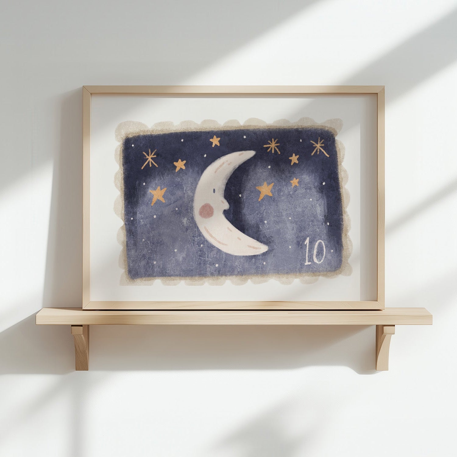 Kinderzimmerbild Briefmarke mit Mond und Sterne gemalt - Poster für das Kinderzimmer - Babyzimmer A3 & A4