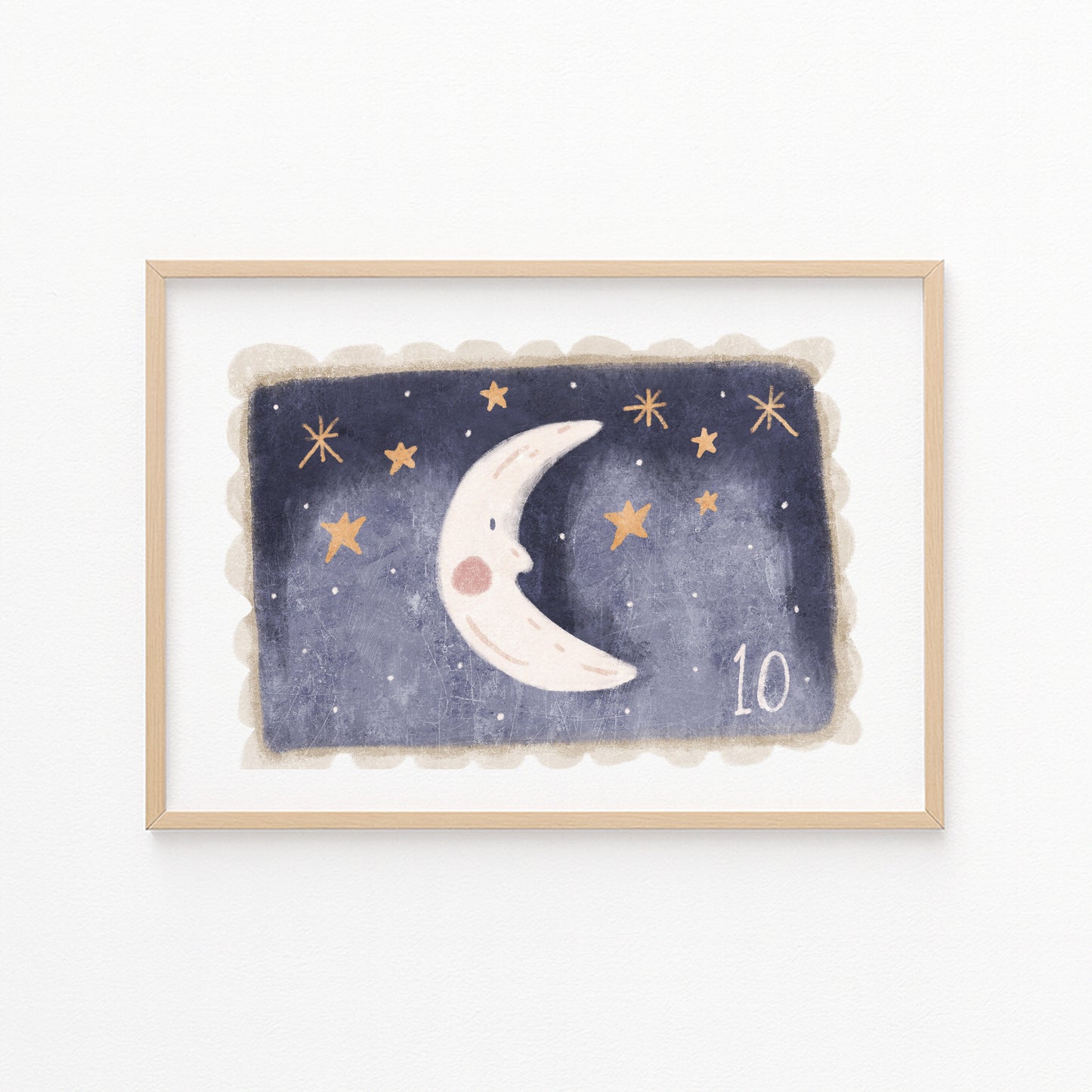 Kinderzimmerbild Briefmarke mit Mond und Sterne gemalt - Poster für das Kinderzimmer - Babyzimmer A3 & A4