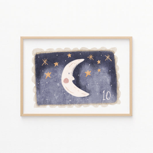 Kinderzimmerbild Briefmarke mit Mond und Sterne gemalt - Poster für das Kinderzimmer - Babyzimmer A3 & A4