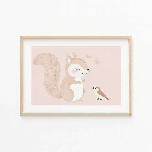 Kinderzimmerbild Eichhörnchen mit Vogel gemalt Tiere - Poster für das Kinderzimmer babyzimmer A3 & A4