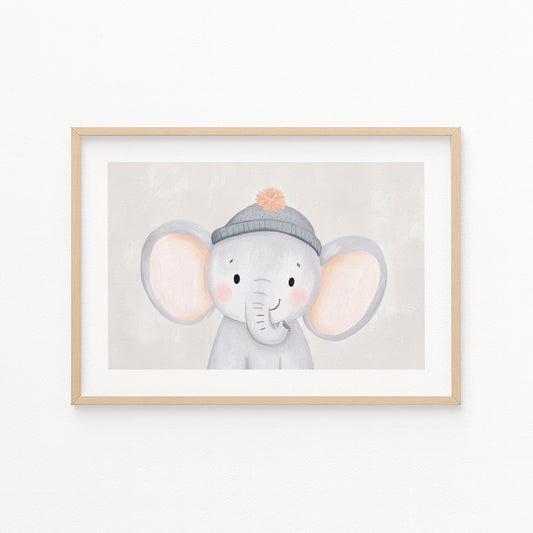 Kinderzimmerbild Elefant mit Mütze - Poster für das Kinderzimmer - Kunstdruck Babyzimmer A4 & A3