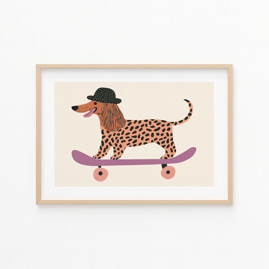Kinderzimmerbild Hund auf Skateboard bunt gemalt mit Hintergrund - Poster für das Kinderzimmer babyzimmer A4 & A3