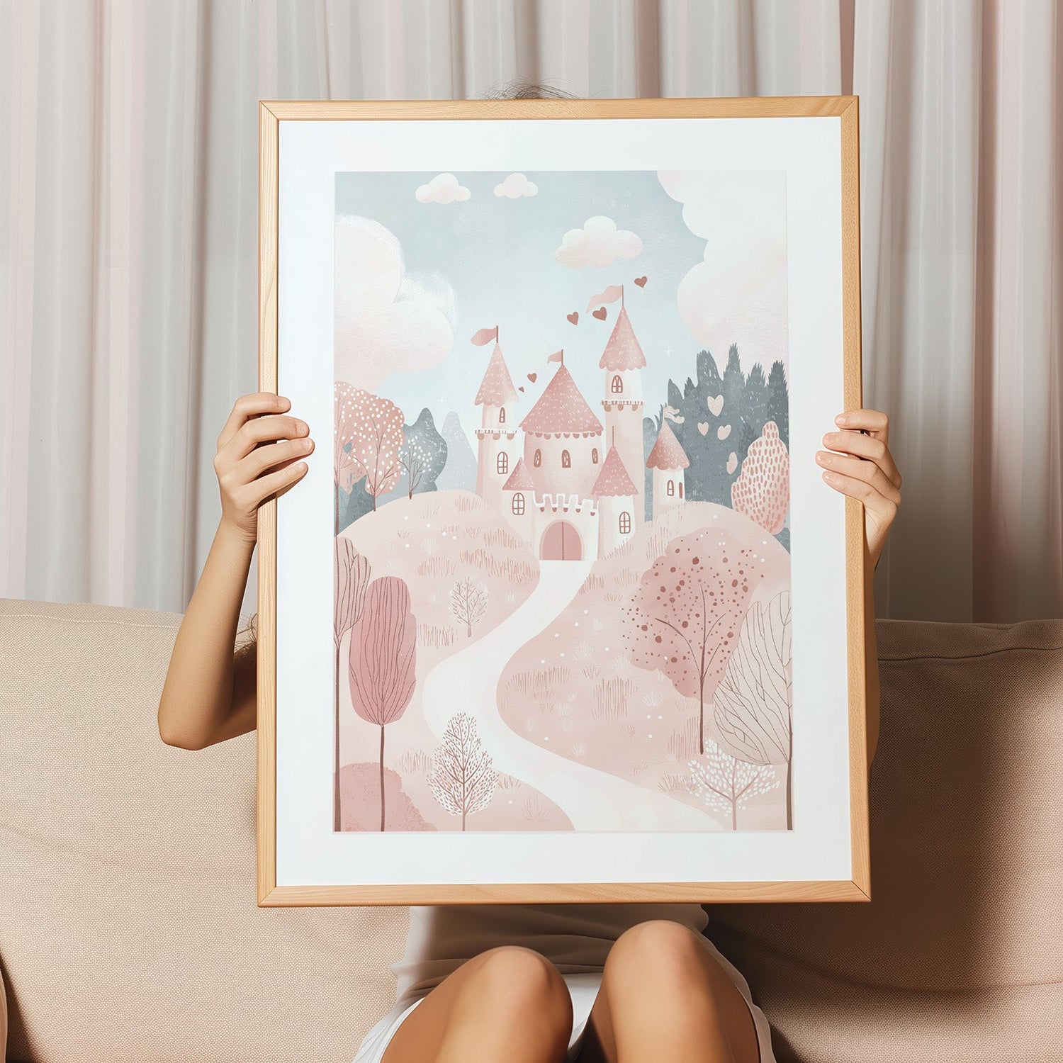 Wandbild mit gemalten Schloss für Kinder Pastelfarben