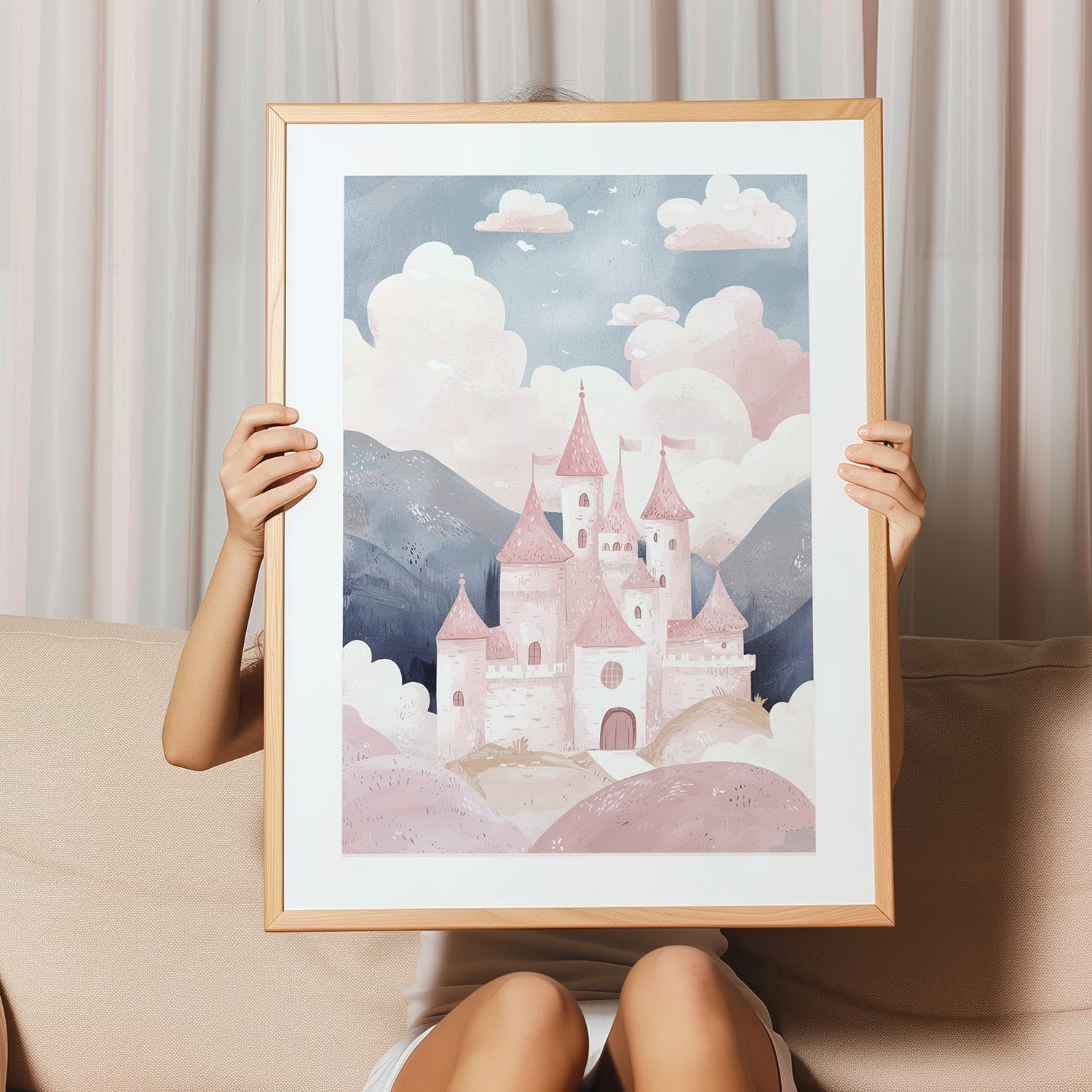 Wandbild mit gemalten Schloss für Kinder Pastelfarben