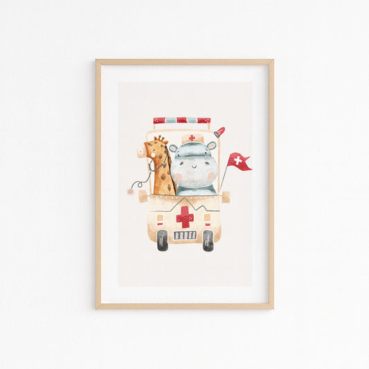 Kinderzimmerbild mit einem Krankenwagen in dem Tiere sind. Poster für das Kinderzimmer