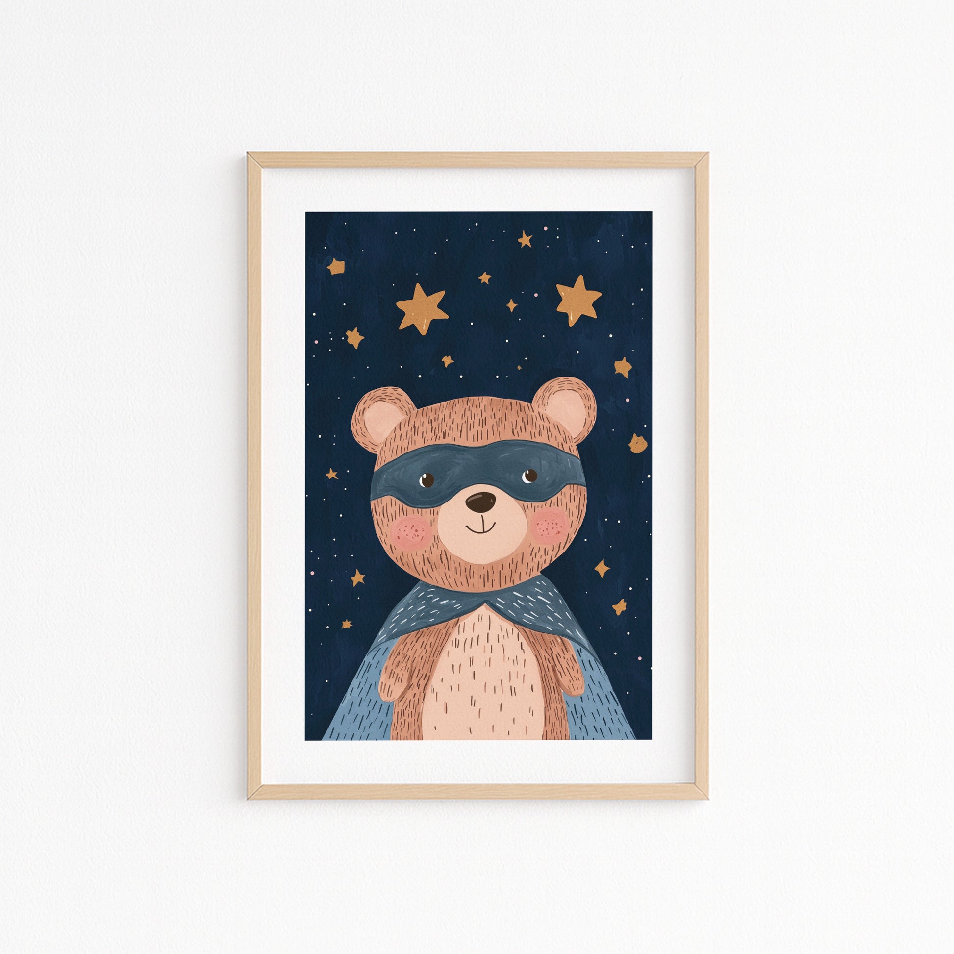 Kinderzimmer Bild mit einer Bären im All mit Sternen auf blauem Hintergrund . Posterfür das Kinderzimmer Babyzimmer