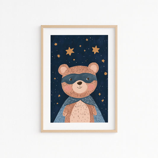 Kinderzimmer Bild mit einer Bären im All mit Sternen auf blauem Hintergrund . Posterfür das Kinderzimmer Babyzimmer