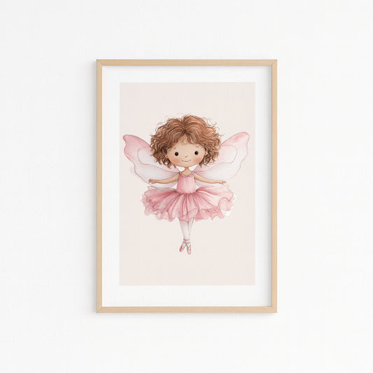 Kinderzimmerbild mit einem gemalter Fee im Ballerina Kleid auf rosa Hintergrund. Poster für das Kinderzimmer Babyzimmer