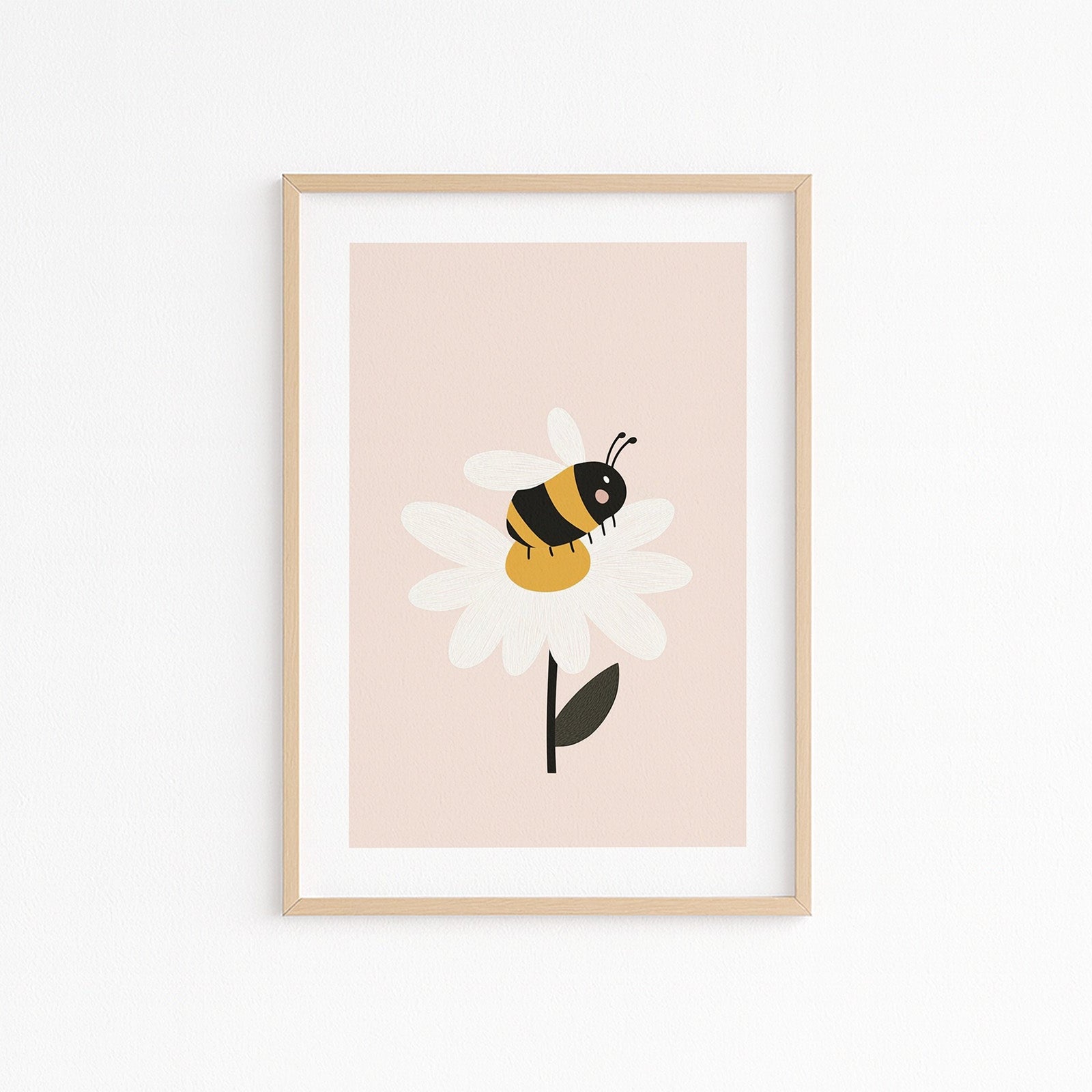 Kinderzimmerbild mit einer Blume und einer Biene auf rosa hintergrund - poster für das Kinderzimmer