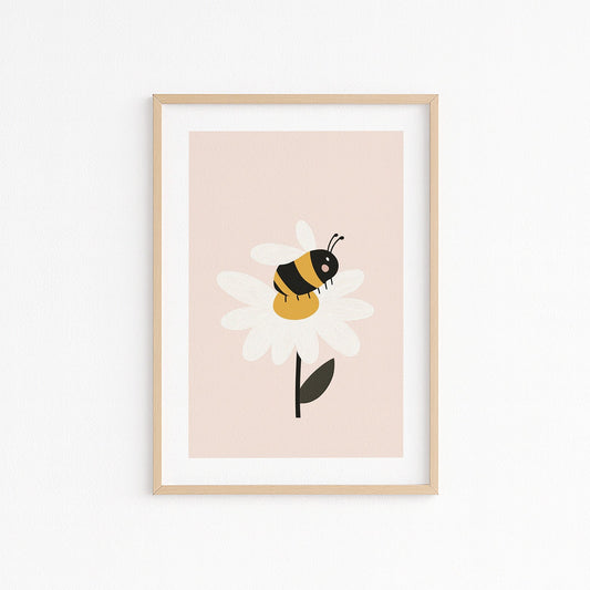 Kinderzimmerbild mit einer Blume und einer Biene auf rosa hintergrund - poster für das Kinderzimmer