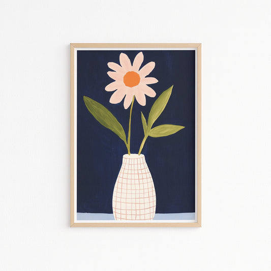 Kinderzimmer Bild mit einer Blume in einer Vase auf blauem Hintergrund. Posterfür das Kinderzimmer Babyzimmer