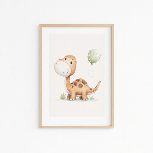 Kinderzimmerbild mit einem gemaltem Dinosaurier mit einem Ballon.  Poster für das Kinderzimmer Babyzimmer