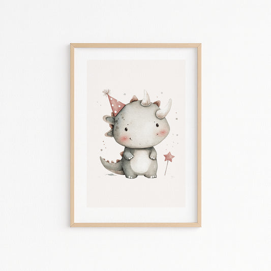 Kinderzimmerbild mit einem gemaltem Dinosaurier mit einemGeburtstagshut auf. Poster für das Kinderzimmer