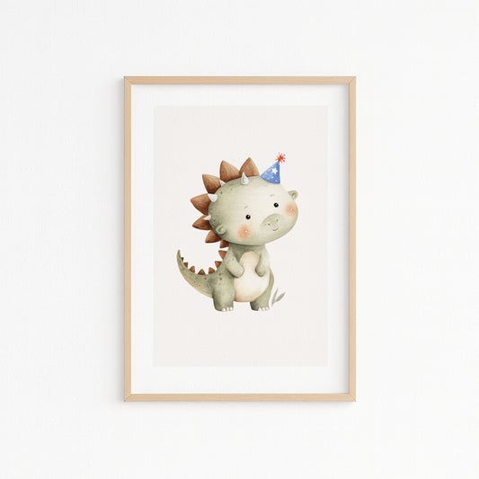 Kinderzimmerbild mit einem gemaltem Dinosaurier mit einem Geburtstagshut auf.  Poster für das Kinderzimmer Babyzimmer