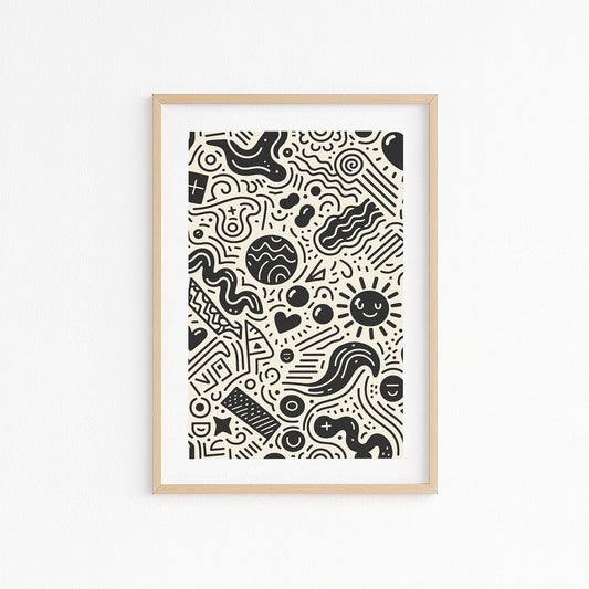 Kinderzimmerbild mit doodle zeichnungen schwarz auf beigen hintergrund - poster für das Kinderzimmer