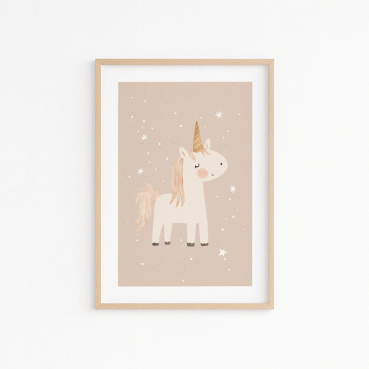 Kinderzimmerbild Einhorn auf braunen Hintergrund mit Sternen Din A4 A3 - Poster für das Kinderzimmer babyzimmer