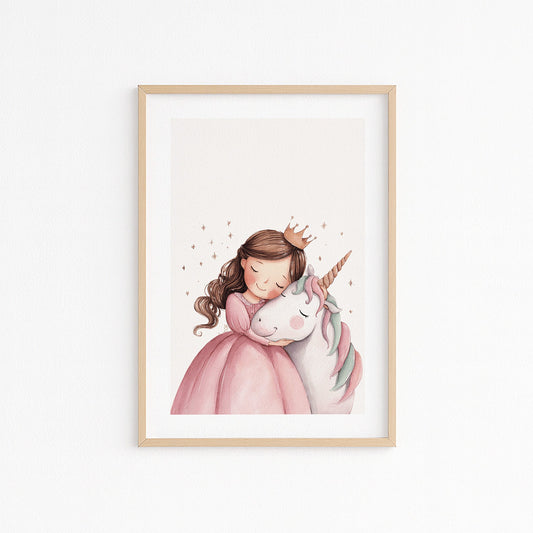 Kinderzimmerbild mit einer niedlichen Prinzessin und einem Einhorn - handgezeichnet und mit Pastellfarben- Poster für das Kinderzimmer
