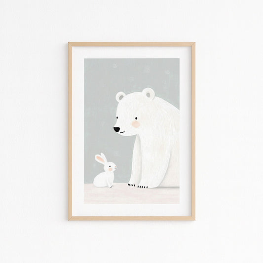 Kinderzimmerbild mit einem Eisbär und einem Hase im Schnee - Poster für das Kinderzimmer