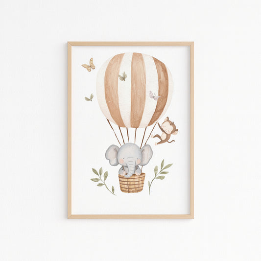 Kinderzimmerbild bunt A4 A3 - Poster für das Kinderzimmer babyzimmer Elefant in einem Ballon
