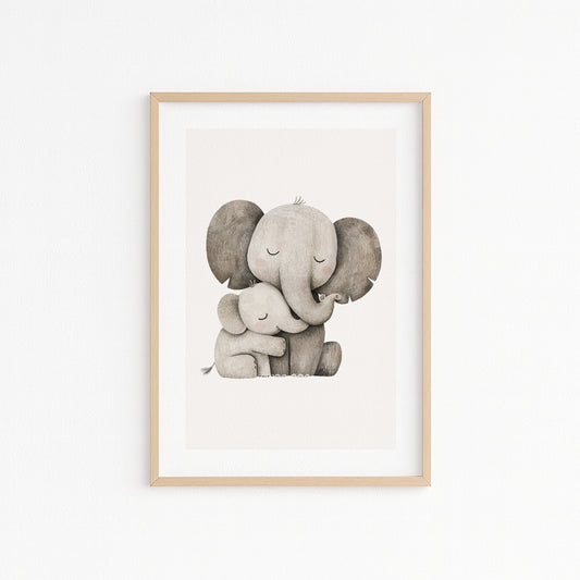 Kinderzimmerbild Elefanten Mama mit Kind gemalt A4 A3 - Poster für das Kinderzimmer babyzimmer