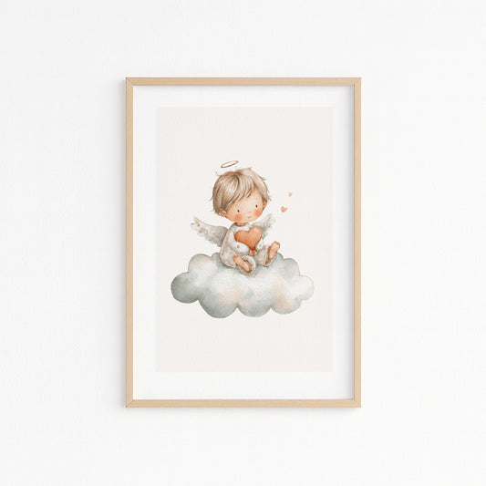 Kinderzimmerbild mit einem gemaltem Engel auf einer Wolke Poster für das Kinderzimmer Babyzimmer