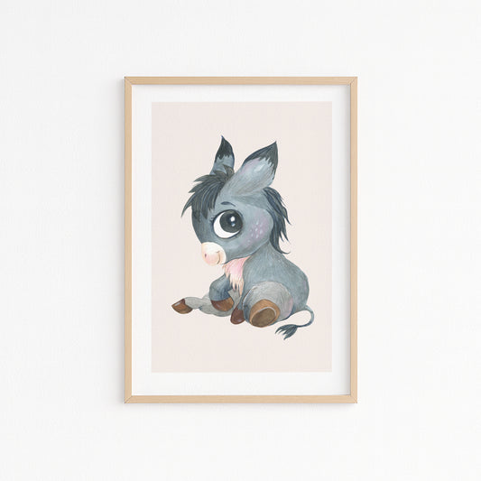 Kinderzimmerbild mit einem gemaltem Esel auf rosa Hintergrund. Poster für das Kinderzimmer Babyzimmer