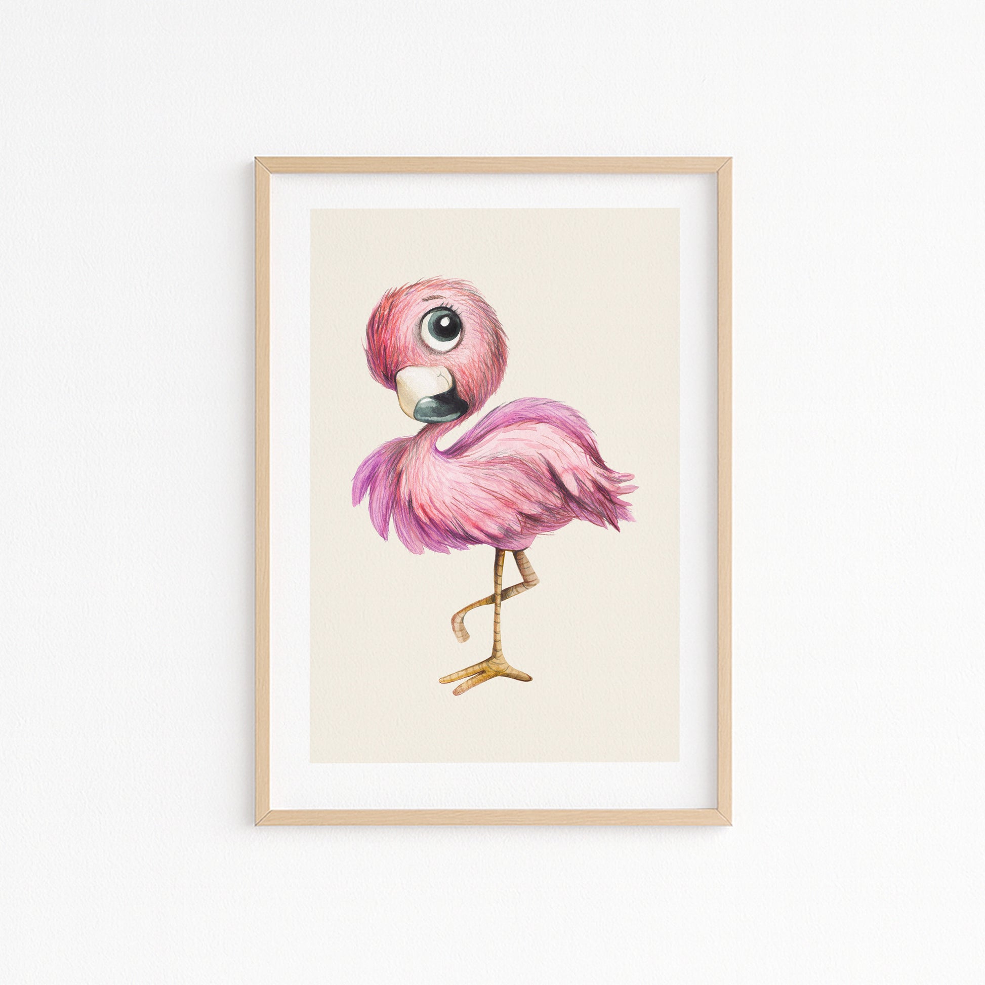 Kinderzimmerbild mit einem gemaltem Flamingo auf beigen Hintergrund. Poster für das Kinderzimmer Babyzimmer