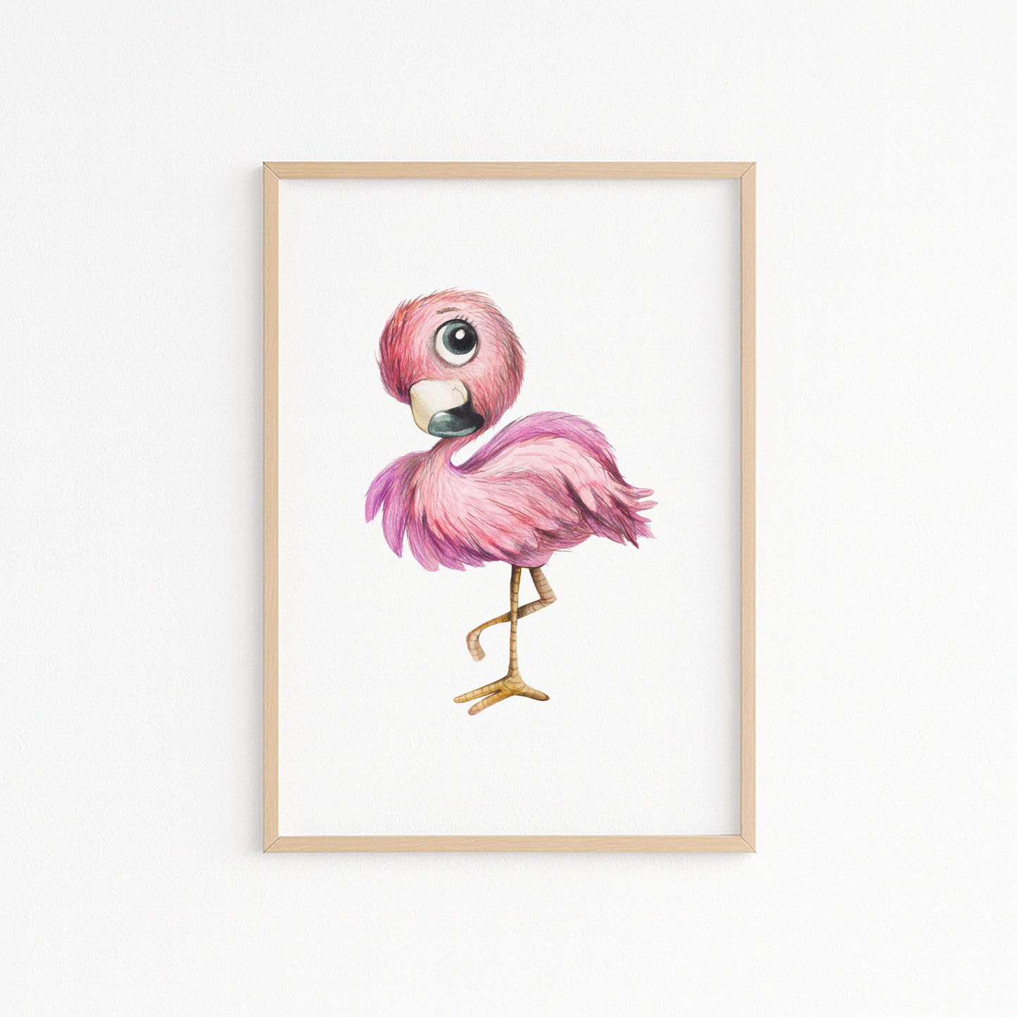 Kinderzimmerbild mit einer gemaltem Flamingo. Poster für das Kinderzimmer Babyzimmer