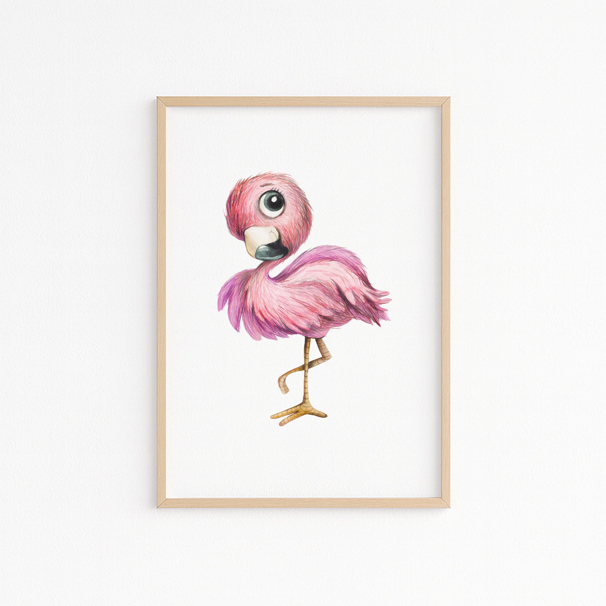 Kinderzimmerbild mit einer gemaltem Flamingo. Poster für das Kinderzimmer Babyzimmer