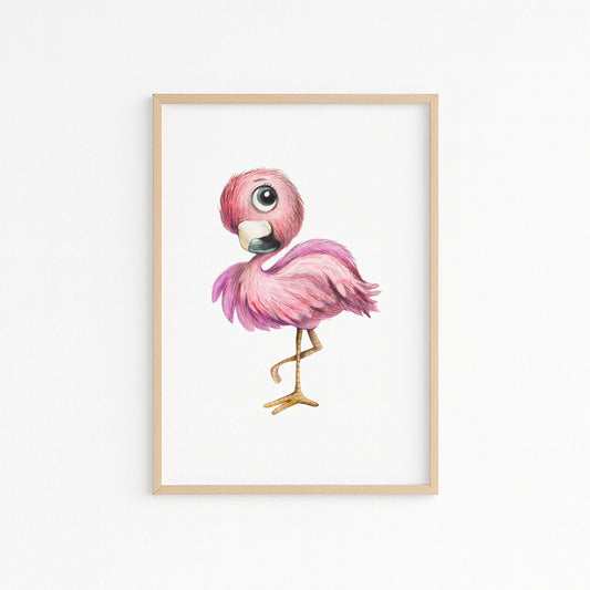 Kinderzimmerbild mit einer gemaltem Flamingo. Poster für das Kinderzimmer Babyzimmer
