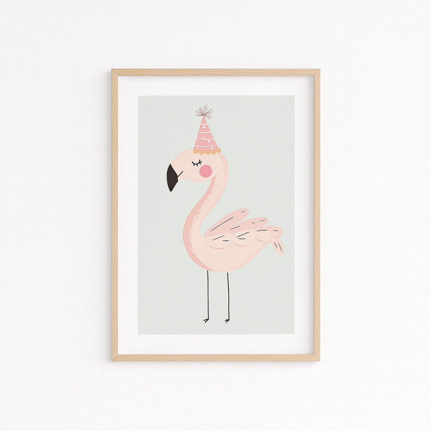 Kinderzimmerbild Flamingo mit Partyhut auf blauem Hintergrund Din A4 A3 - Poster für das Kinderzimmer babyzimmer 