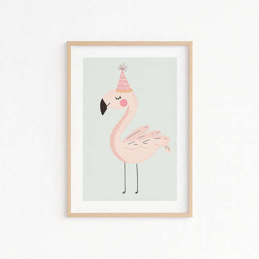 Kinderzimmerbild Flamingo mit Partyhut auf blauem Hintergrund Din A4 A3 - Poster für das Kinderzimmer babyzimmer