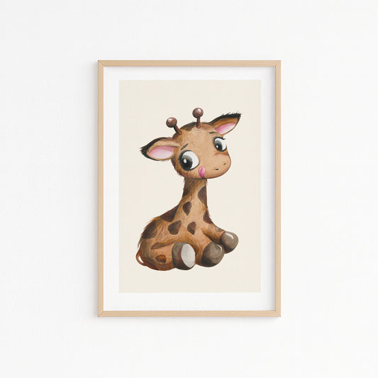 Kinderzimmerbild mit einem gemaltem Giraffe auf beigen Hintergrund. Poster für das Kinderzimmer Babyzimmer